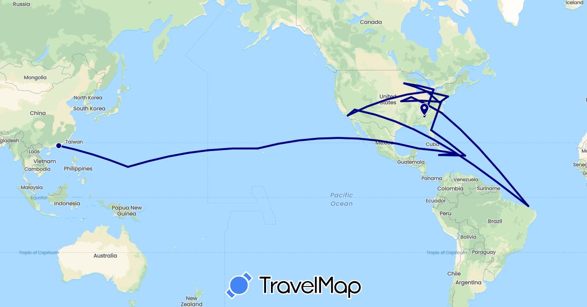 TravelMap itinerary: driving in Brazil, Canada, China, Cuba, Dominican Republic, Jamaica, Mexico, United States (Asia, North America, South America)